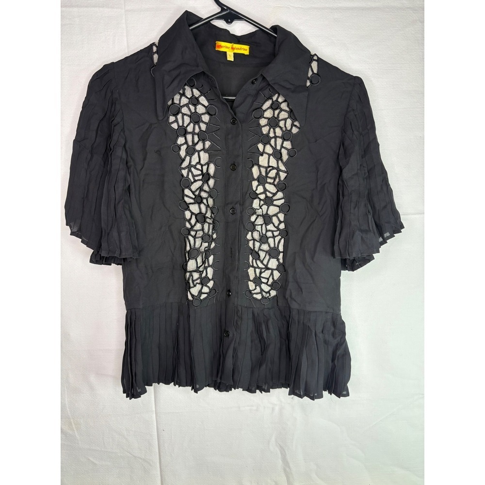 Catherine Malandrino Black Pleated Crochet Lace Short Sleeve Blouse Large